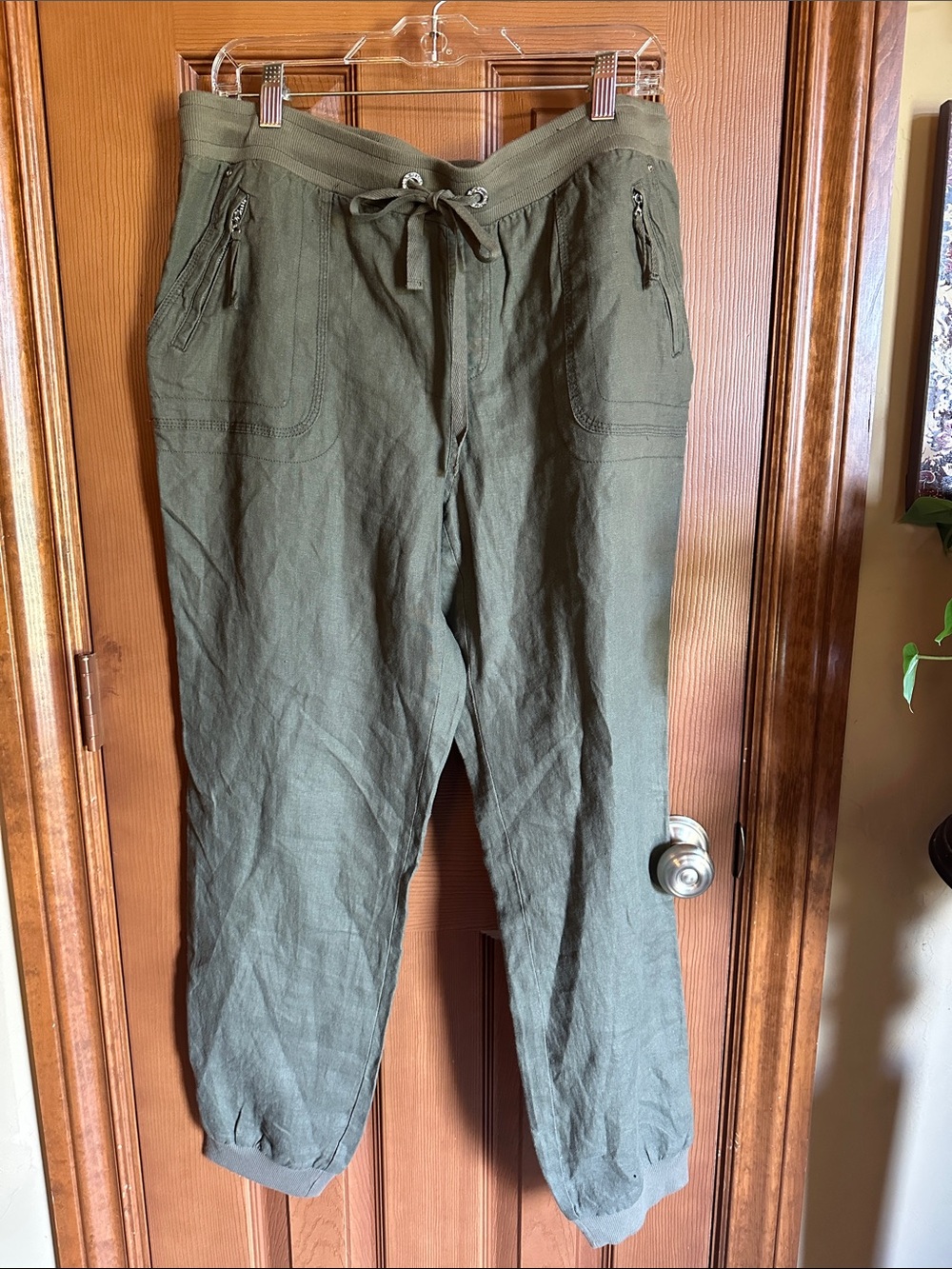 Women’s INC LINEN Drawstring Jogger Style Pants in Olive Green, unworn, size 12